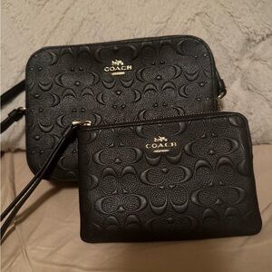 Coach Black Embossed Leather Crossbody Bag and Wristlet Set